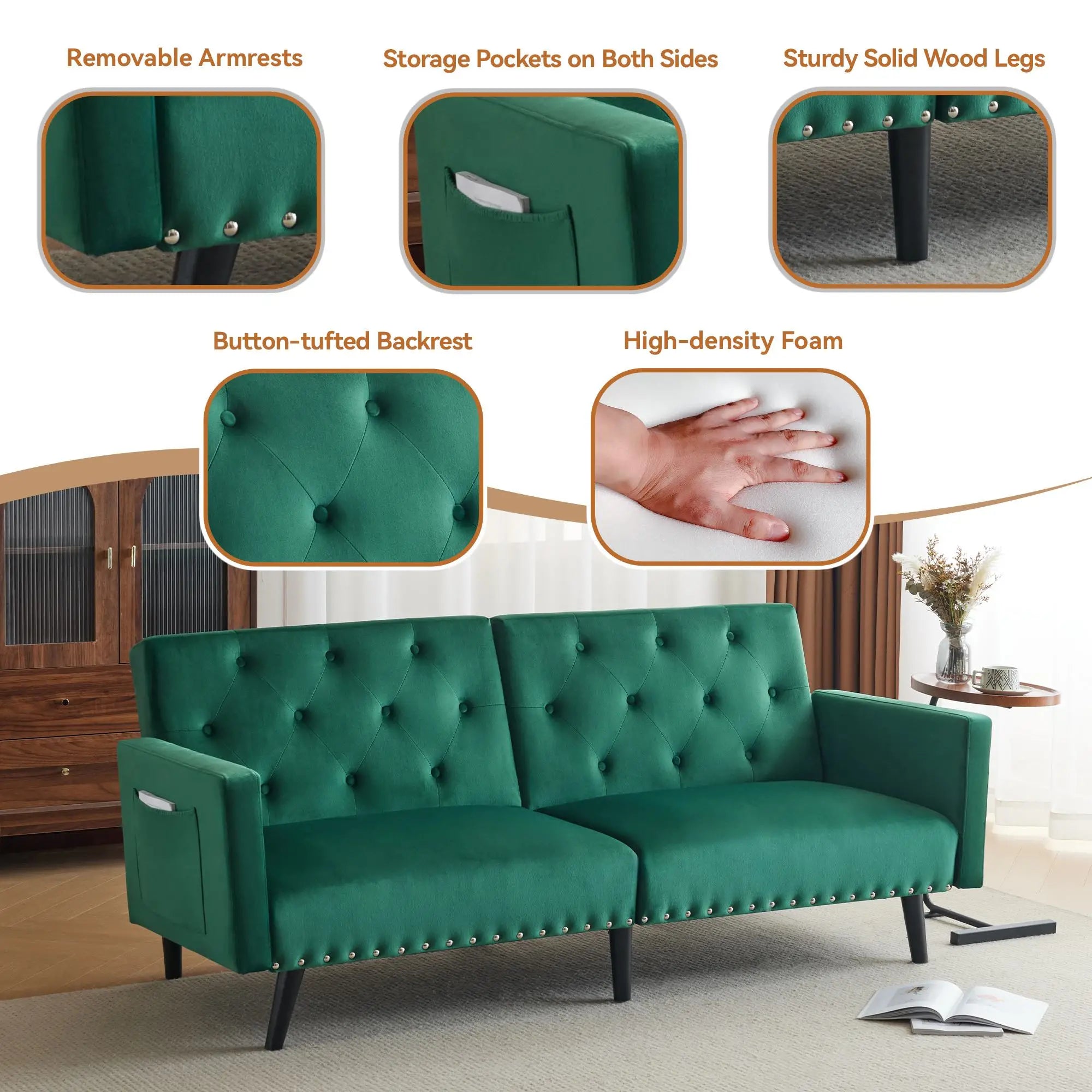 Green Velvet 2-Seater Sofa Bed with Storage Pockets, Removable Armrests, Button-Tufted Recliner Couch