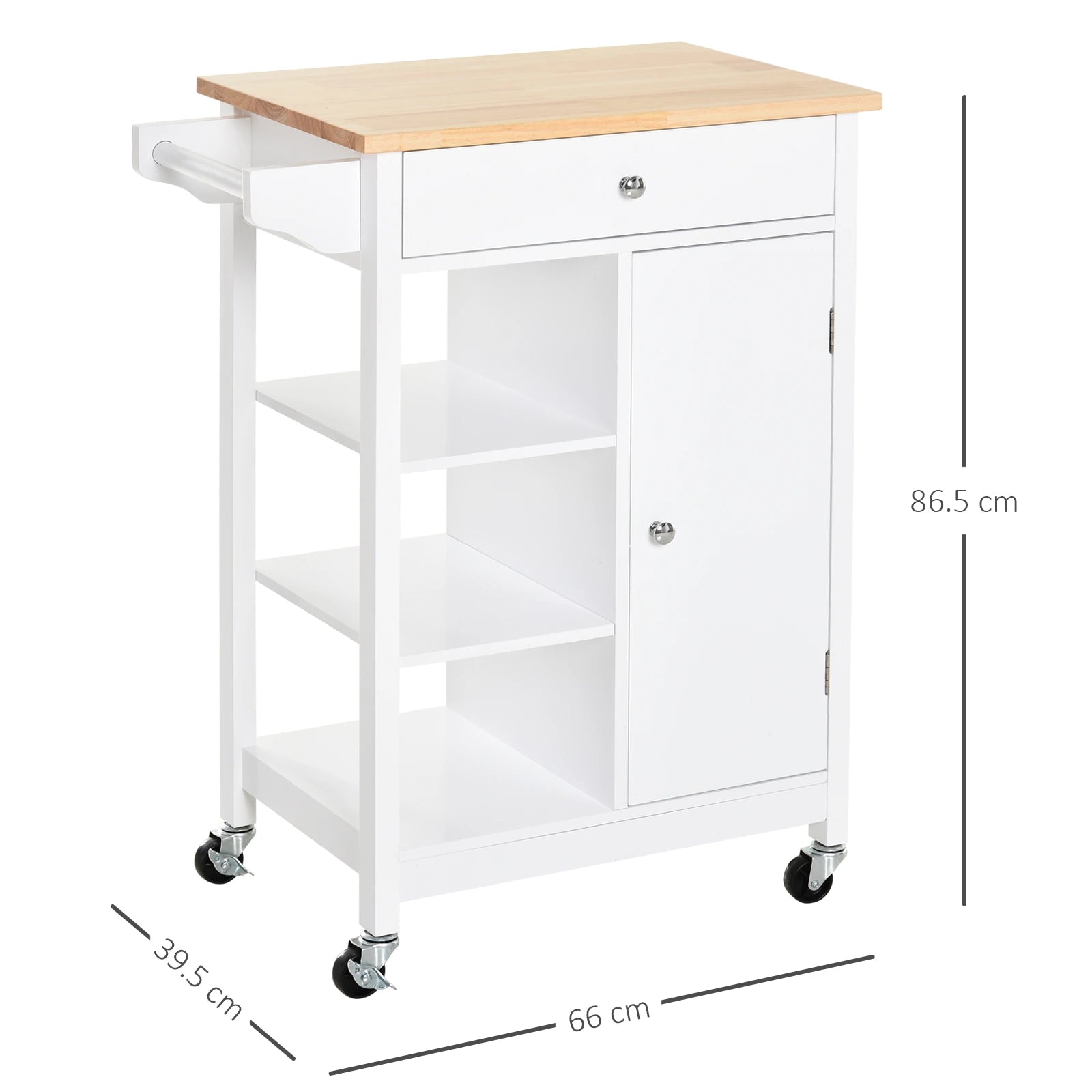 Kitchen Trolley, Kitchen Island on Wheels, w/ Wood Top, 3 Shelves and Storage Cupboard