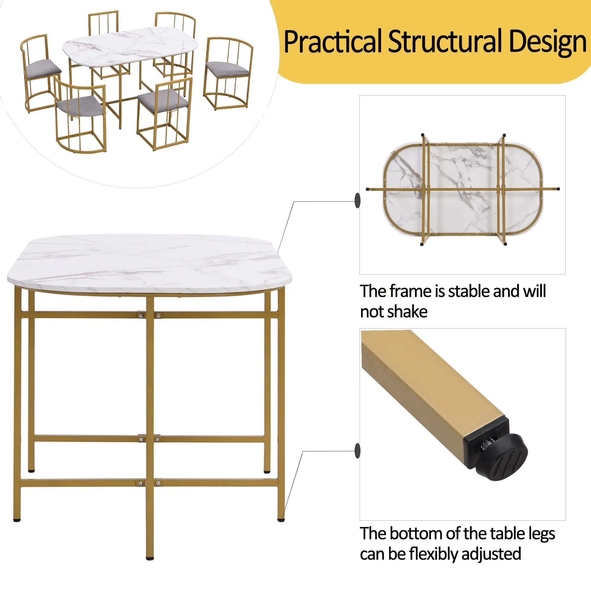 Six-chair dining table set, featuring a sleek white table and chairs with backrests upholstered in grey velour