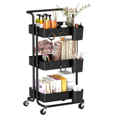 3 Tier Utility Rolling Cart, Kitchen Cart with 3 Removable Mesh Baskets, 3 Hanging Box, 4 Hooks and Dividers