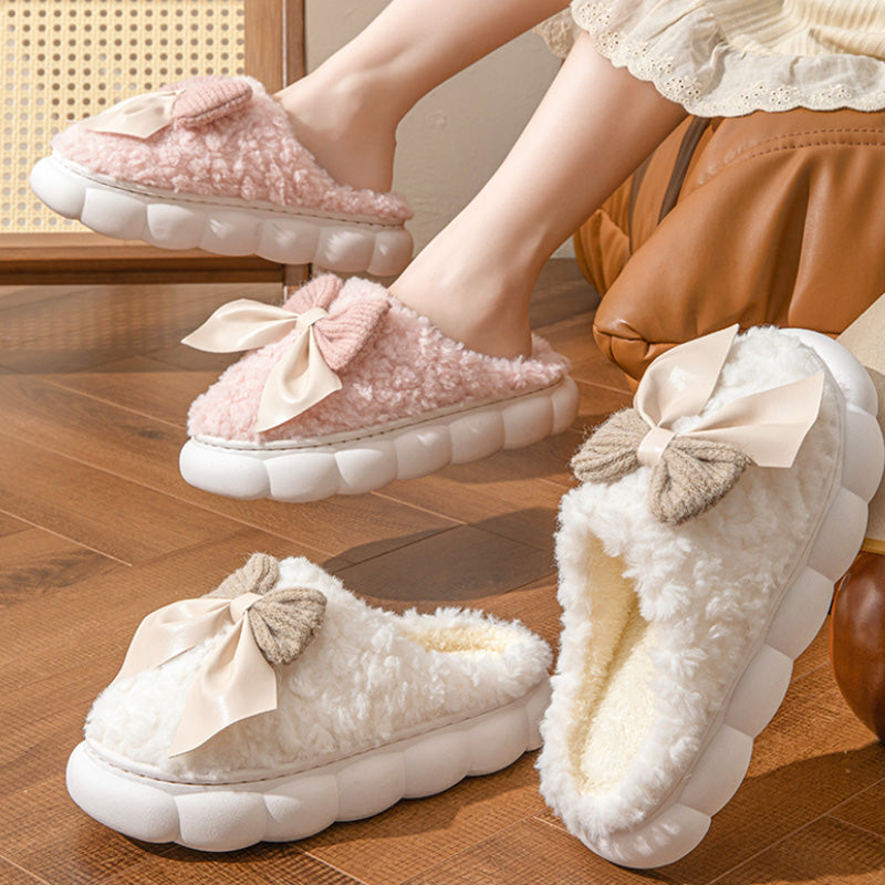 Winter Warm Fur Slippers Cute bow House Non Slip Soft Shoes Comfort Flat Slippers