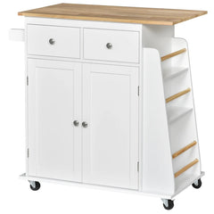 Kitchen Island Storage Cabinet Rolling Trolley with Rubber Wood Top, 3-Tier