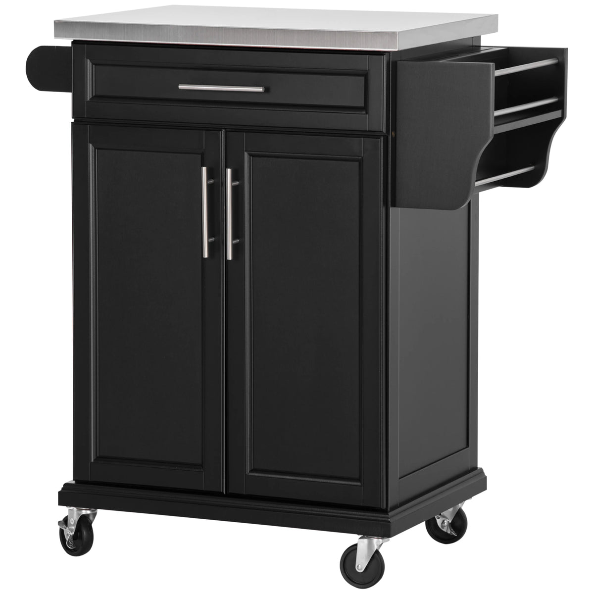 Wooden Kitchen Island on Wheels, Serving Cart Storage Trolley with Stainless Steel Top