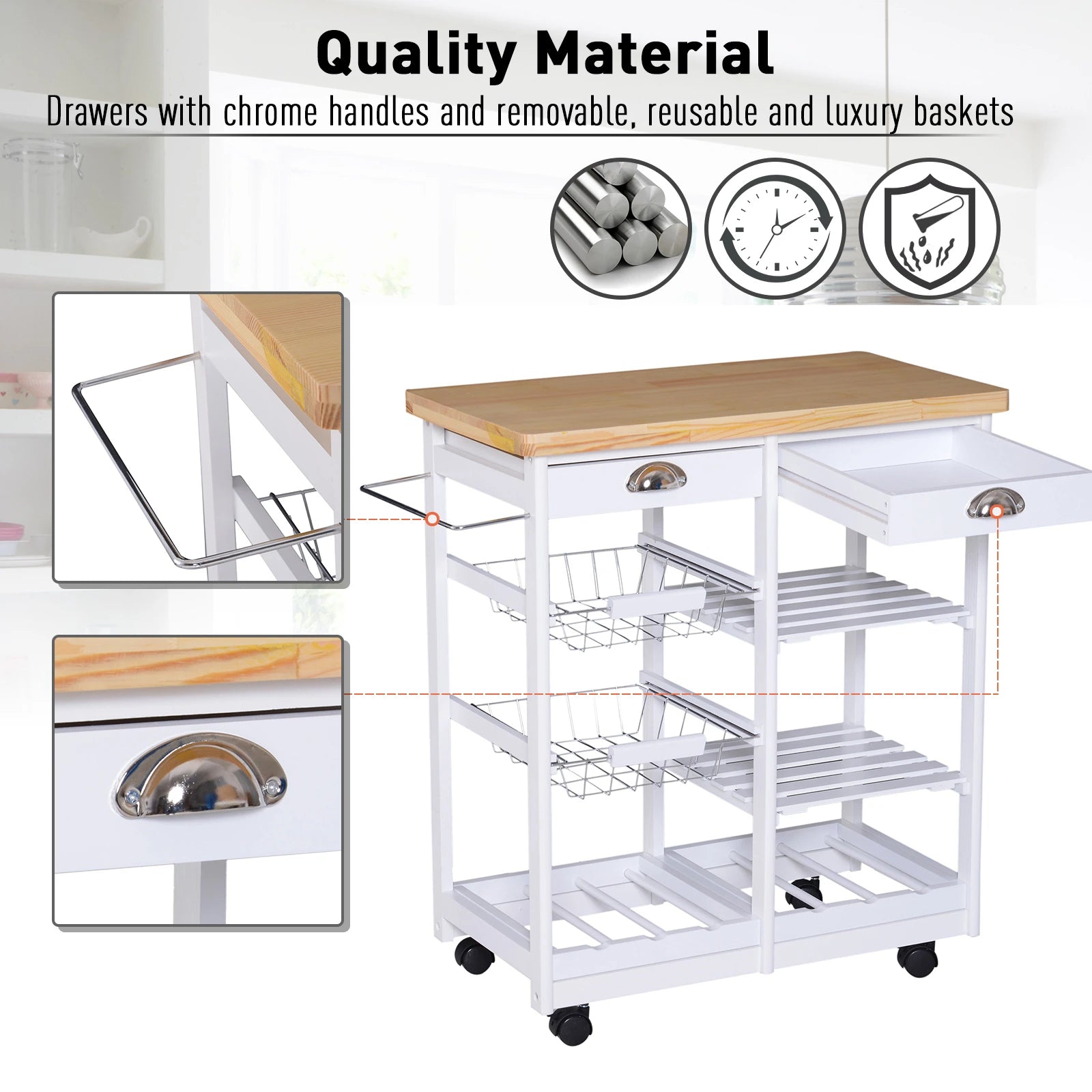 Rolling Kitchen Island Trolley Cart Drawer Shelves Basket Wheels