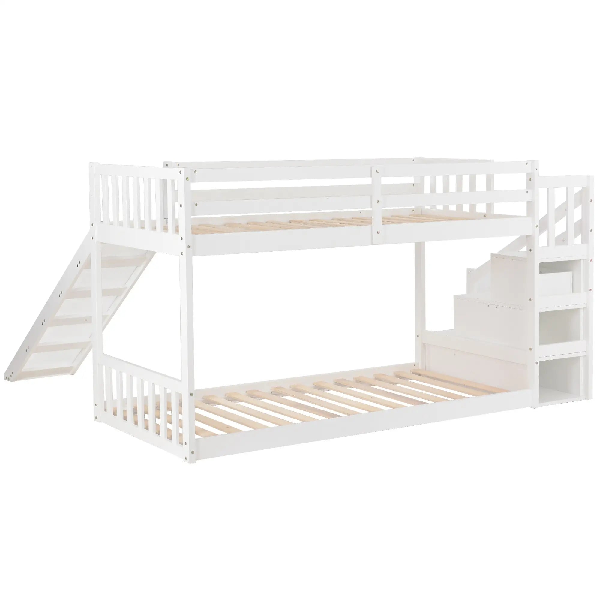 Bunk Bed with Stairs and Slide, Solid Pine Wood Frame, Kids Storage Bed with 2 Drawers