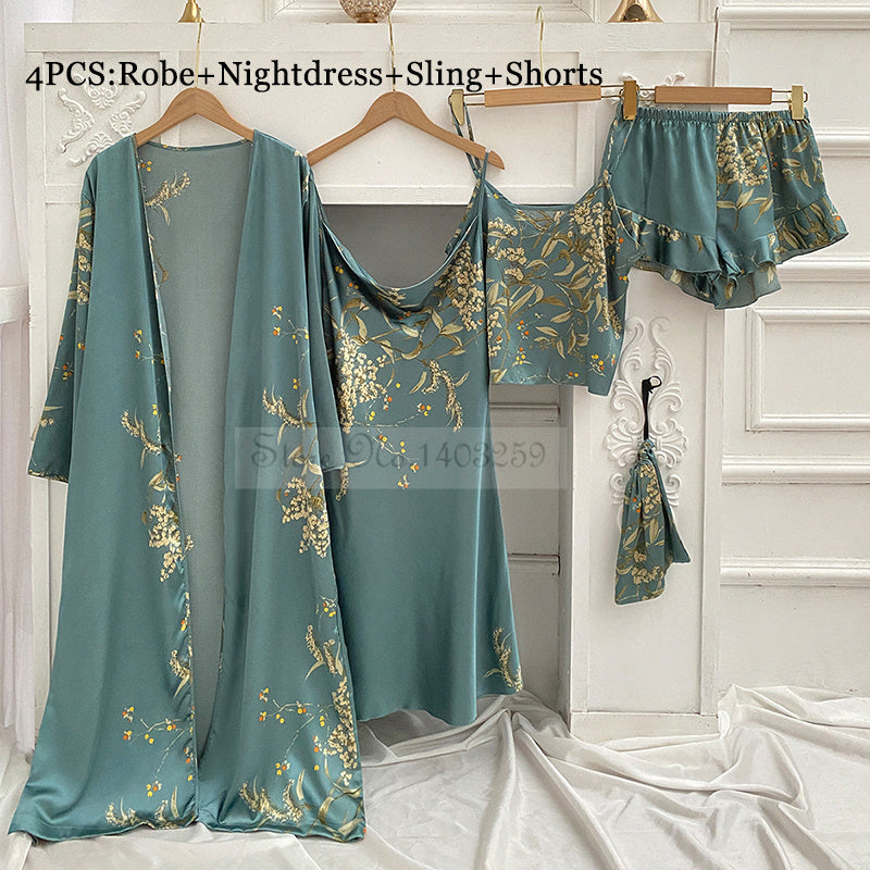 Elegant Print Flower 4PCS Pajamas Set Women Casual Silky Gown