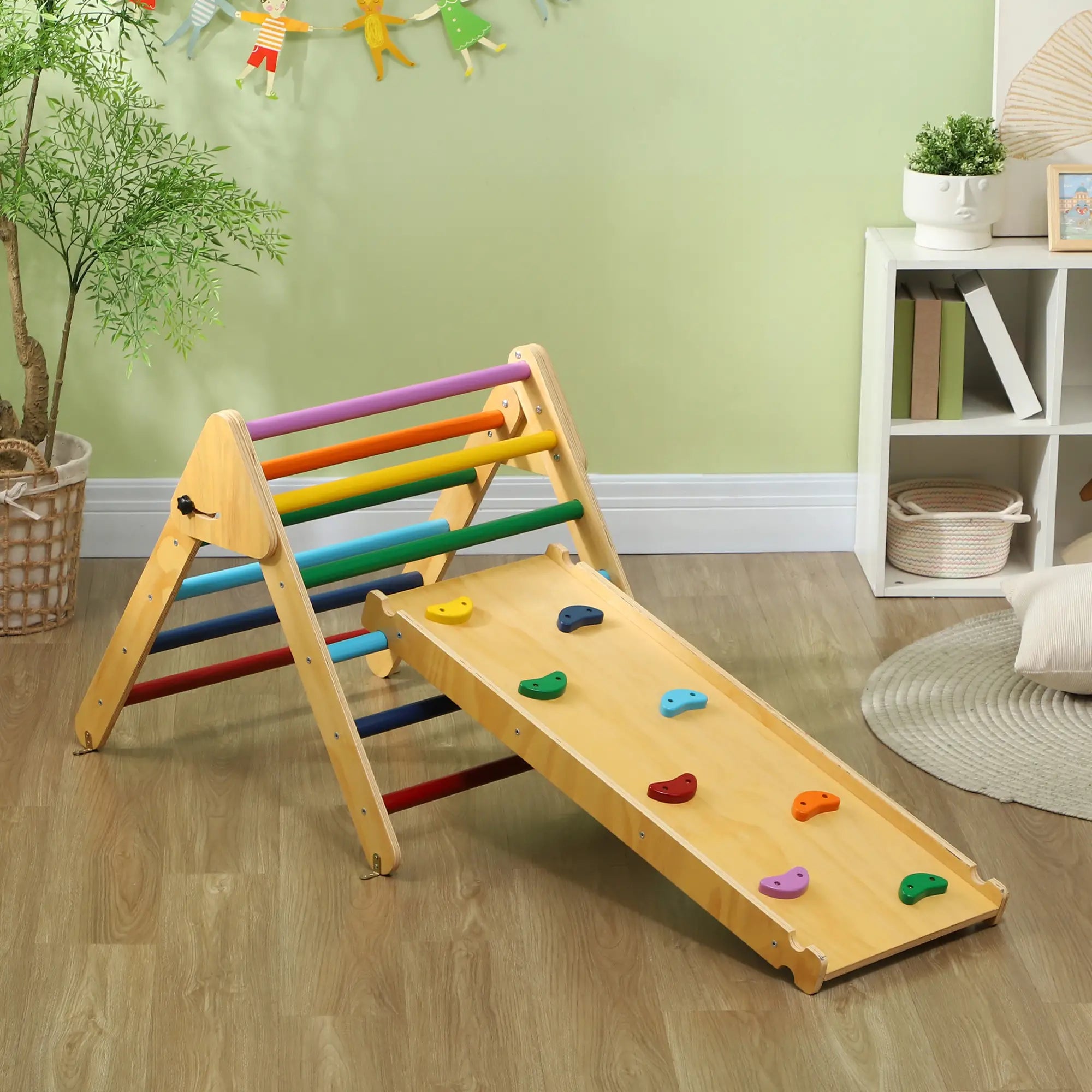 Toddler Climbing Frame for Kids with Ramp, 3 in 1 Wooden Pikler Triangle Set