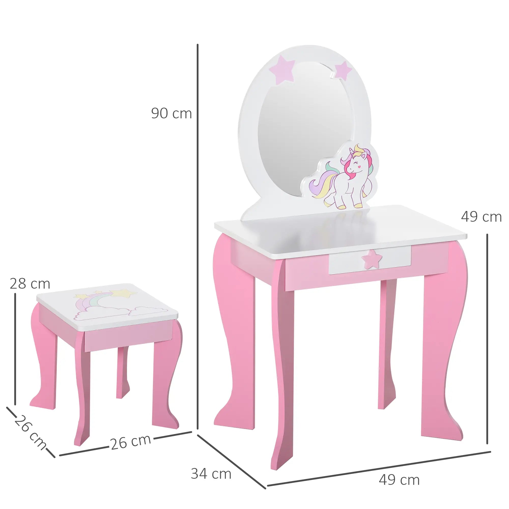 Kids Dressing Table with Mirror, Stool, Pink