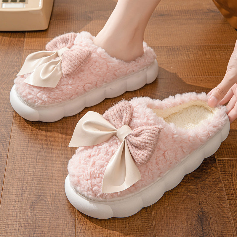 Winter Warm Fur Slippers Cute bow House Non Slip Soft Shoes Comfort Flat Slippers