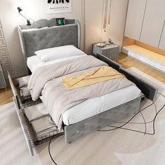 3FT Single Velvet Upholstered Storage Bed with 4 Drawers, Table Lamp and 4 USB Ports