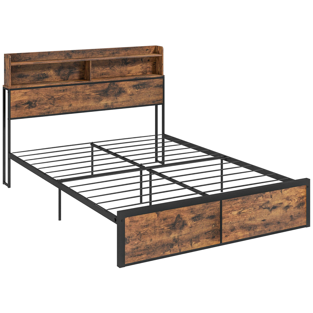 Bed Frame, 5.2FT Steel Bed Base with Storage Headboard, Footboard, Slatted Support and Under Bed Storage