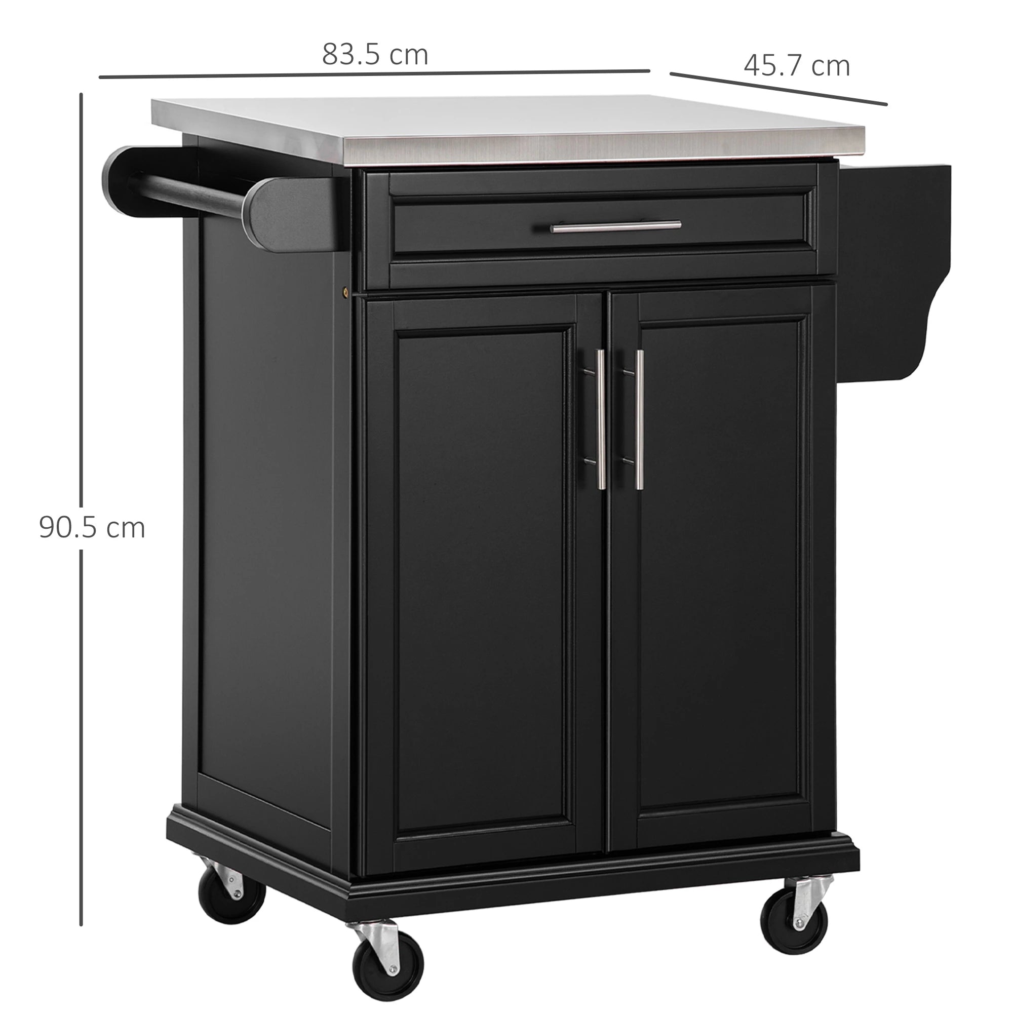 Wooden Kitchen Island on Wheels, Serving Cart Storage Trolley with Stainless Steel Top