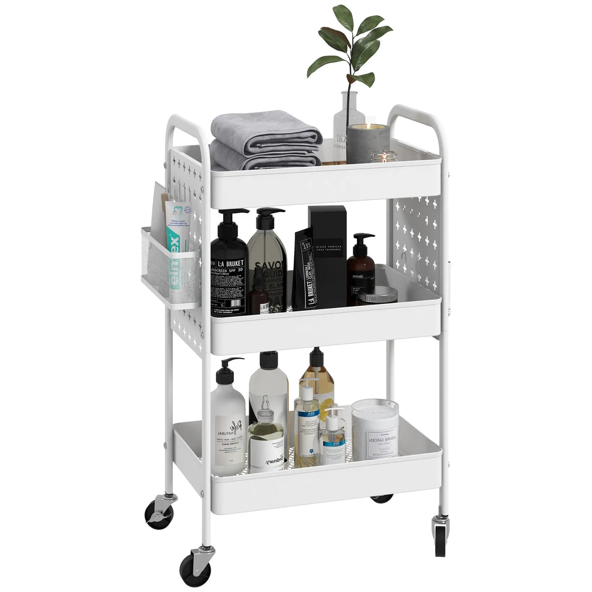 Storage Trolley on Wheels, Rolling Utility Serving Cart with 3 Mesh Baskets, 2 Hanging Boxes and 6 Hooks