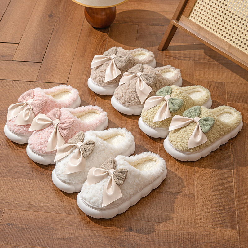 Winter Warm Fur Slippers Cute bow House Non Slip Soft Shoes Comfort Flat Slippers